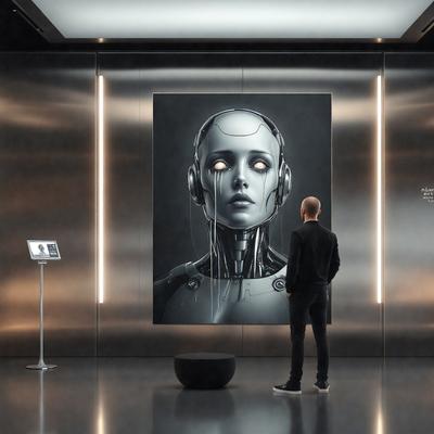 The primary subject of the image is a man standing in front of a large painting of a robot. The setting is a room with a silver wall, and the visual style appears to be a combination of a photo and digital art. The dominant colors in the image are silver and black, creating a futuristic and industrial atmosphere.